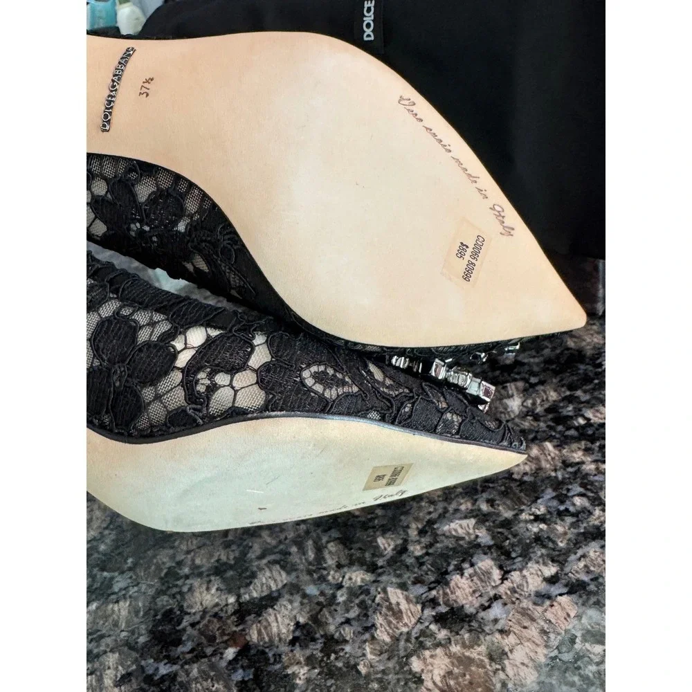 Dolce & Gabbana Bellucci Black Lace Crystal‎ Embellished Pointed  Pump 35.5 5.5